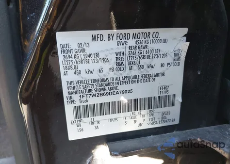 2013 Ford F-250 Xlt из США, поврежденный, VIN 1FT7W2B69DEA79025